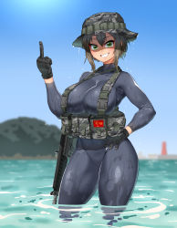 Rule 34 | 1girl, absurdres, bodysuit, breasts, brown hair, covered navel, diving suit, gloves, green eyes, grin, gun, hat, highres, hitch (perotoss), large breasts, looking at viewer, middle finger, military, navel, ocean, original, outdoors, short hair, skin tight, sky, smile, solo, standing, thick thighs, thighs, wading, water, weapon, wet, wet clothes, wetsuit