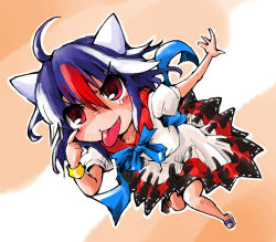 Rule 34 | 1girl, ahoge, akanbe, black hair, bracelet, dress, eyelid pull, hand on own face, horns, jewelry, kijin seija, layered dress, looking at viewer, multicolored background, multicolored hair, outstretched arm, red eyes, red hair, sandals, shinapuu, solo, tongue, tongue out, touhou, white hair
