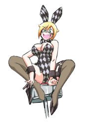 1girl animal_ears black_footwear black_socks blonde_hair breasts chair checkered_leotard cleavage detached_collar girls_und_panzer girls_und_panzer_little_army glasses high_heels kneehighs leotard matsumoto_(matsumoto_kougyou) mole mole_under_mouth playboy_bunny ponytail rabbit_ears short_hair sitting socks yoshinaga_jinko