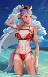 Rule 34 | 1girl, abs, absurdres, animal ears, arm up, bare arms, bare shoulders, bikini, blue sky, breasts, brown hat, cloud, collarbone, day, foxyreine, gold ship (umamusume), hat, highres, horse ears, horse girl, horse tail, large breasts, long hair, looking away, navel, ocean, outdoors, purple eyes, red bikini, side-tie bikini bottom, sky, smile, solo, standing, stomach, string bikini, sunlight, swimsuit, tail, thighs, umamusume, v-shaped eyebrows, very long hair, wading, water, wet, white hair, wind
