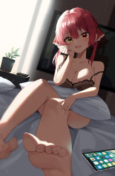 Rule 34 | 1girl, bare legs, barefoot, bed sheet, black bra, blurry, blush, bra, breasts, cellphone, cleavage, commentary, controller, depth of field, feet, full body, hair between eyes, hair ribbon, hand on own cheek, hand on own face, heterochromia, highres, hololive, houshou marine, iphone, looking at viewer, mansu (user pnmp4287), medium breasts, medium hair, on bed, open mouth, phone, pillow, plant, potted plant, red eyes, red hair, red ribbon, remote control, ribbon, sitting, smartphone, smile, soles, solo, strap slip, sunlight, television, twintails, underwear, underwear only, virtual youtuber, yellow eyes