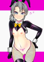 Rule 34 | 10s, 1girl, animal ears, bad id, bad pixiv id, blue eyes, blush, bodysuit, bow, bowtie, breasts, rabbit ears, cameltoe, cleft of venus, corruption, crotchless, fishnet pantyhose, fishnets, grey hair, hand on own hip, heart, highres, ishiusu, kantai collection, looking at viewer, meme attire, navel, nipples, nowaki (kancolle), pantyhose, pubic tattoo, pussy, revealing clothes, reverse bunnysuit, reverse outfit, side ponytail, sidelocks, simple background, small breasts, solo, tattoo, thighhighs, wrist cuffs