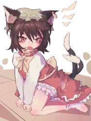 Rule 34 | 1girl, animal ear fluff, animal ears, bow, bowtie, cat ears, cat tail, chen, dress, earrings, fang, hatut, highres, jewelry, multiple tails, nekomata, open mouth, orange eyes, red dress, revision, sitting, solo, tail, touhou, tsurime, two tails, white background, yellow bow