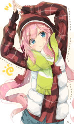 Rule 34 | 1girl, arms up, beanie, black gloves, blue shorts, blush, closed mouth, dotted line, fingerless gloves, gloves, green scarf, hat, kagamihara nadeshiko, leaning to the side, long hair, long sleeves, looking at viewer, low twintails, pink hair, plaid, plaid shirt, red shirt, scarf, shiina kuro, shirt, shorts, smile, solo, steepled fingers, striped clothes, striped scarf, twintails, v-shaped eyebrows, very long hair, vest, white background, yurucamp