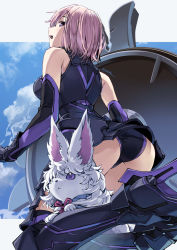 Rule 34 | 1girl, armored leotard, ass, bare shoulders, black footwear, black gloves, black leotard, boots, breasts, cloud, cloudy sky, commentary request, creature, day, elbow gloves, fate/grand order, fate (series), fou (fate), from behind, from below, gloves, high heel boots, high heels, leotard, looking at viewer, looking back, looking down, mash kyrielight, medium breasts, open mouth, outdoors, outside border, pink hair, profile, purple eyes, shield, sky, thigh boots, thighhighs, twitter username, yahako