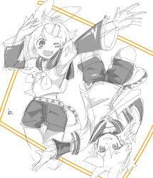 Rule 34 | 1boy, 1girl, :3, arm over head, belt, blush stickers, bow, brother and sister, crop top, detached sleeves, greyscale, grin, hair bow, hair ornament, hairclip, highres, kagamine len, kagamine rin, looking at viewer, midriff, monochrome, neckerchief, necktie, one eye closed, open mouth, rotational symmetry, sailor collar, shirt, short hair, short ponytail, short sleeves, shorts, siblings, sketch, sleeveless, sleeveless shirt, smile, twins, upside-down, vocaloid, vorusan (volver39)
