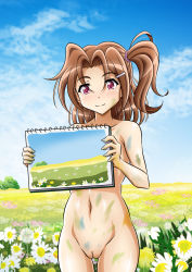 Rule 34 | 1girl, blush, brown hair, cleft of venus, completely nude, cowboy shot, flower, grass, highres, keikurin, long hair, looking at viewer, meadow, nude, one side up, original, outdoors, paint on body, painting (object), purple eyes, pussy, sketchbook, sky, smile, solo, uncensored, zenra