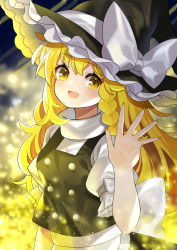 Rule 34 | 1girl, absurdres, apron, black hat, black vest, blonde hair, bow, braid, buttons, frilled hat, frills, hat, hat bow, highres, kirisame marisa, light particles, long hair, looking at viewer, open mouth, puffy short sleeves, puffy sleeves, shirt, short sleeves, side braid, single braid, smile, solo, touhou, turtleneck, upper body, vest, waist apron, white apron, white bow, white shirt, witch hat, yellow eyes, yuujin (yuzinn333)