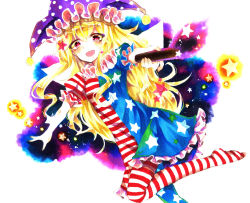Rule 34 | 1girl, american flag dress, american flag legwear, bad id, bad pixiv id, blonde hair, blush, clownpiece, dress, fairy wings, frilled shirt, frills, hat, highres, jester cap, leg up, long hair, looking at viewer, open mouth, outstretched arms, pantyhose, purple eyes, shinonome myoke, shirt, short dress, short sleeves, smile, solo, star (symbol), striped clothes, striped dress, striped pantyhose, torch, touhou, very long hair, white background, wings