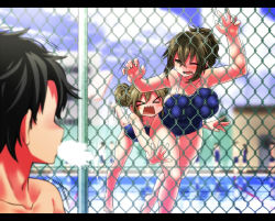 Rule 34 | &gt; &lt;, 1boy, 2girls, against fence, blush, breast press, breasts, brown eyes, brown hair, chain-link fence, cleavage, competition school swimsuit, closed eyes, fence, highres, kagami ryouko, kanayama nao, large breasts, long hair, multiple girls, one-piece swimsuit, one eye closed, open mouth, original, pool, school swimsuit, short hair, slipping, spit take, spitting, swimsuit, yoshida hideyuki