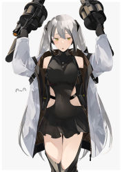 Rule 34 | 1girl, :o, alternate costume, arms up, artist name, bare shoulders, black dress, black gloves, blush, breasts, commission, covered navel, destroyer (girls&#039; frontline), dress, feet out of frame, girls&#039; frontline, gloves, grenade launcher, grey hair, gun, hair ornament, hairclip, highres, holding, holding gun, holding weapon, jacket, long hair, long sleeves, looking at viewer, mechanical legs, medium breasts, milkor mgl, multicolored hair, open clothes, open jacket, open mouth, sangvis ferri, skeb commission, solo, standing, streaked hair, sutekina awa, twintails, weapon, white background, white jacket, yellow eyes