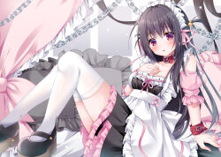 Rule 34 | 1girl, apron, bare shoulders, black dress, black footwear, black hair, blush, breasts, chain, cleavage, collar, collarbone, commentary request, curtains, dress, frilled apron, frilled dress, frills, fujikura ryuune, hair between eyes, hand up, long hair, looking at viewer, maid, maid headdress, medium breasts, one side up, original, parted lips, puffy short sleeves, puffy sleeves, red collar, red eyes, shoes, short sleeves, solo, thighhighs, very long hair, white apron, white thighhighs