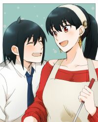 Rule 34 | 1boy, 1girl, absurdres, apron, black hair, blue necktie, border, breasts, brother and sister, collarbone, collared shirt, commentary request, cooking, earrings, gold earrings, hair between eyes, hairband, happy, high ponytail, highres, holding, holding ladle, jewelry, ladle, light blush, long hair, long sleeves, looking at another, medium breasts, necktie, open mouth, outside border, red eyes, red sweater, shirt, siblings, smile, spy x family, sweater, tama . kogifu, upper body, white border, white hairband, white shirt, yor briar, yuri briar