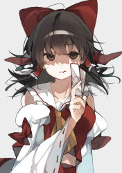 Rule 34 | 1girl, absurdres, ascot, bare shoulders, black hair, bow, brown eyes, detached sleeves, hair bow, hair tubes, hakurei reimu, higa (gominami), highres, holding, japanese clothes, long hair, looking at viewer, nontraditional miko, ofuda, red bow, ribbon-trimmed sleeves, ribbon trim, sidelocks, simple background, solo, touhou, upper body, white background, white sleeves, wide sleeves, yellow ascot