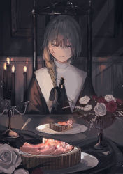 Rule 34 | 1boy, bow, braid, brown eyes, brown hair, candle, candlestand, candy, chair, commentary request, flower, food, habit, hair bow, indoors, long hair, male focus, original, partial commentary, plate, red flower, red rose, rose, side braid, sinaco, sitting, solo, sweets, tart (food), utensil, white flower, white rose