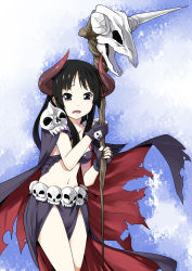Rule 34 | 1girl, akiyama mio, alternate hairstyle, bad id, bad nicoseiga id, black eyes, black hair, blush, breasts, cape, cosplay, hime cut, horns, k-on!, kaisendon (ebi), long hair, open mouth, simple background, single horn, skull, solo, staff, thighhighs, very long hair, weapon, white background