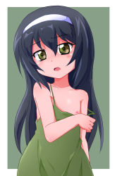 Rule 34 | 1girl, black hair, border, brown eyes, camisole, commentary request, flat chest, girls und panzer, green shirt, grey background, hairband, long hair, looking at viewer, nipples, off shoulder, open mouth, outside border, partial commentary, reizei mako, shirt, shishinon, solo, standing, strap slip, white border, white hairband