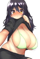 Rule 34 | 1girl, bikini, black hair, black shirt, blush, bouncing breasts, breasts, brown eyes, cleavage, clothes lift, cowboy shot, d:, embarrassed, frown, full-face blush, green bikini, hair between eyes, hand on own chest, highres, huge breasts, lifted by self, long hair, looking at viewer, micro bikini, motion lines, navel, open mouth, original, outstretched arm, selfie, shirt, shirt lift, short sleeves, shortstack, sideboob, simple background, sitting, solo, swimsuit, t-shirt, watari1118, wavy mouth, white background