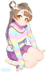 Rule 34 | 1girl, barefoot, blush, brown hair, long hair, looking at viewer, love live!, love live! school idol festival, love live! school idol project, marshall (wahooo), minami kotori, simple background, sitting, solo, striped clothes, striped sweater, sweater, wariza, white background, yellow eyes