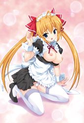 Rule 34 | 1girl, absurdres, ahoge, apron, arm at side, arm support, black dress, black footwear, blue eyes, breasts, breasts out, dress, frilled apron, frills, full body, hair between eyes, hand up, highres, kneeling, large breasts, long hair, looking at viewer, love-bride eve, maid, maid apron, maid headdress, mutsumi masato, neck ribbon, nipples, orange hair, panties, puffy short sleeves, puffy sleeves, red ribbon, ribbon, scan, shoes, short sleeves, solo, thighhighs, twintails, underwear, very long hair, white apron, white panties, white thighhighs, wrist cuffs, yuzuya riona
