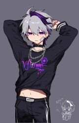 Rule 34 | 1girl, ?, ahoge, alternate costume, androgynous, arms up, bandaid, bandaid on face, belt, black hair, black pants, black shirt, chain, character name, choker, flower (vocaloid), flower (vocaloid4), grey background, highres, midriff peek, mini person, minigirl, multicolored hair, pants, print shirt, shirt, short hair, sitting, striped clothes, striped pants, striped sleeves, tomboy, two-tone hair, user hpax4234, vocaloid, white hair