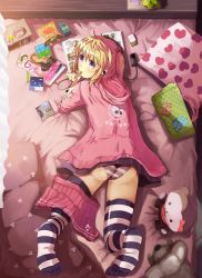 Rule 34 | 1girl, ass, bed, blonde hair, cd, chips (food), clock, digital media player, eating, feet, food, heart, hood, hoodie, ipod, lying, magazine (object), mouth hold, muruaka, no shoes, on stomach, original, panties, pillow, pocky, purple eyes, resized, revision, skirt, skirt around one leg, soles, solo, striped clothes, striped panties, striped thighhighs, thighhighs, toes, underwear