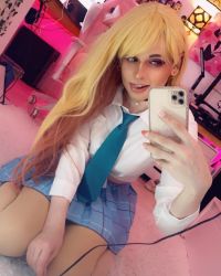 Rule 34 | 1boy, androgynous, biting tongue, blonde hair, blue necktie, blue skirt, cable, carpet, cellphone, chair, checkered clothes, checkered skirt, collared shirt, color contacts, contact lens, cosplay, cosplay photo, cropped shirt, crossdressing, desk, earrings, fingernails, gaming chair, hand on own thigh, indoors, its peachybunnn, ivy, jewelry, kitagawa marin, kneeling, lamp, leaning forward, lips, long fingernails, long hair, looking at phone, mirror, mirror image, multicolored hair, nail polish, necktie, on floor, open mouth, paid reward available, pantyhose, phone, photo (medium), pink background, pink eyes, pink nails, selfie, shirt, skirt, smartphone, solo, sono bisque doll wa koi wo suru, swivel chair, teeth, thighs, tongue, tongue out, trap, upper teeth only, wall, white shirt, wig