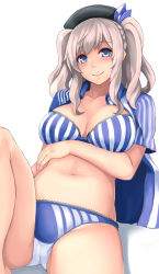 Rule 34 | 10s, 1girl, absurdres, adapted costume, beret, black hat, blue eyes, blush, bra, breast hold, breasts, cleavage, closed mouth, collarbone, collared shirt, dress shirt, employee uniform, hat, head tilt, highres, huge breasts, kantai collection, kashima (kancolle), knee up, lace, lace-trimmed bra, lace-trimmed panties, lace trim, leaning back, lips, looking at viewer, navel, open clothes, open shirt, panties, shirt, short hair, short sleeves, short twintails, sidelocks, silver hair, simple background, sitting, smile, solo, stomach, striped bra, striped clothes, striped panties, striped shirt, tareme, twintails, underwear, underwear only, uniform, white background, yashichii