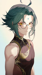 Rule 34 | 1boy, ahoge, alternate costume, bespectacled, blush, chinese clothes, closed mouth, facial mark, forehead mark, genshin impact, glasses, green hair, highres, looking at viewer, male focus, round eyewear, salmon88, simple background, sleeveless, solo, toned, toned male, upper body, xiao (genshin impact), yellow eyes