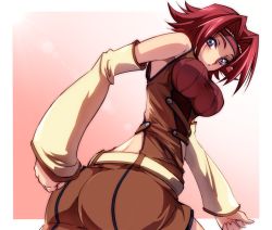 Rule 34 | 1girl, ass, bare shoulders, belt, blue eyes, blush, breasts, clenched hand, code geass, detached sleeves, female focus, from behind, from below, headband, kouzuki kallen, large breasts, looking at viewer, looking back, looking down, parted lips, red hair, short hair, shorts, solo, yk-kz