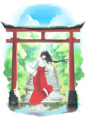 Rule 34 | 1girl, absurdres, barefoot, black hair, blue sky, bush, cloud, cloudy sky, day, facing down, forest, full body, hair ribbon, hakama, hakama skirt, highres, hill, japanese clothes, leg up, long hair, low-tied long hair, miko, nature, original, outdoors, puddle, red hakama, reflection, reflective water, ribbon, skirt, sky, solo, splashing, stairs, stone stairs, torii, tree, very long hair, w arms, water, white background, white ribbon, wide sleeves, zaniaii
