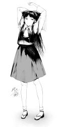Rule 34 | 1girl, absurdres, arm behind head, armpits, arms up, ascot, black hair, bobby socks, buttons, closed mouth, dated, detached sleeves, full body, greyscale, hair tubes, hakurei reimu, highres, kamiyama aya, long hair, looking at viewer, monochrome, sandals, sidelocks, signature, simple background, skirt, skirt set, socks, solo, standing, touhou, vest, white background, wide sleeves