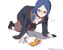 Rule 34 | 2girls, all fours, arikindows10, artist name, blue hair, boots, breasts, bright pupils, choker, cleavage, downblouse, glasses, high heel boots, high heels, kagari atsuko, little witch academia, medium breasts, medium hair, mouse (animal), multiple girls, red eyes, robe, shadow, short ponytail, sidelocks, simple background, twitter username, ursula callistis, white background, white pupils, witch, zzz