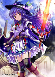 Rule 34 | 1girl, adapted costume, belt, black thighhighs, blue hair, boots, food, fruit, garter straps, gauntlets, givuchoko, hat, highres, hinanawi tenshi, knee boots, long hair, peach, pillar, puffy short sleeves, puffy sleeves, red eyes, shield, shirt, short sleeves, skirt, solo, sword of hisou, thighhighs, touhou, very long hair, zettai ryouiki