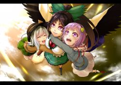 Rule 34 | 3girls, arm cannon, bad id, bad pixiv id, black hair, black wings, bow, breasts, cape, commentary request, closed eyes, female focus, floral print, flying, hair bow, hairband, hat, hat ribbon, heart, komeiji koishi, komeiji satori, large breasts, letterboxed, long hair, long sleeves, multiple girls, open mouth, perspective, pink eyes, pink hair, ponytail, purple eyes, reiuji utsuho, ribbon, shirt, silver hair, skirt, smile, space, tears, third eye, touhou, weapon, wide-eyed, wings, yakan 7, yukinojou yakan