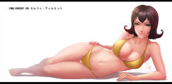 Rule 34 | 1990s (style), 1girl, arm support, artist name, bad deviantart id, bad id, bikini, breasts, brown hair, cleavage, closed mouth, collarbone, copyright name, final fantasy, final fantasy viii, flipped hair, full body, green eyes, halterneck, halterneck, hand on own hip, highres, large breasts, lips, looking at viewer, lying, magion02, navel, on side, retro artstyle, selphie tilmitt, short hair, signature, smile, solo, stomach, swimsuit, thigh gap, wallpaper, yellow bikini