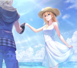 Rule 34 | 1boy, 1girl, blonde hair, blue eyes, blue jacket, blue pants, blue sky, breasts, cloud, cloudy sky, collarbone, day, dress, eyelashes, feet out of frame, fingerless gloves, gloves, gogo (detteiu de), hat, highres, holding hands, jacket, kingdom hearts, kingdom hearts iii, lens flare, long hair, looking at another, medium breasts, namine, ocean, pants, parted lips, riku (kingdom hearts), sidelocks, silver hair, skirt hold, sky, sleeveless, straw hat, sundress, sunlight, white dress