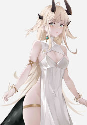 Rule 34 | 1girl, absurdres, ahoge, alternate costume, arknights, blonde hair, bracelet, breasts, cleavage, commentary request, cowboy shot, dress, green eyes, grey background, groin, highres, horns, jewelry, long hair, looking at viewer, medium breasts, no panties, parted lips, reed (arknights), simple background, sleeveless, sleeveless dress, solo, standing, thigh strap, very long hair, white dress, youqimin (jiegaozhong)