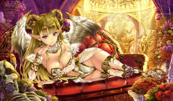 Rule 34 | 1girl, bare shoulders, blonde hair, blush, breasts, bridal gauntlets, choker, cleavage, couch, demon girl, earrings, flower, fountain, horns, jewelry, large breasts, long hair, looking at viewer, lots of jewelry, lying, monster girl, navel, on side, original, pointy ears, purple eyes, rose, saburou (hgmg), single earring, skeleton, smile, solo, tail, thighhighs, white thighhighs, wings