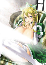Rule 34 | 10s, 1girl, :o, blonde hair, blush, bracelet, braid, breast suppress, breasts, breasts out, bridal garter, censored, chair, choker, convenient censoring, corset, dress, elf, floral print, green eyes, hair between eyes, hair ornament, hand on own chest, huge breasts, indoors, jewelry, leafa, light rays, long hair, looking at viewer, open mouth, own hands clasped, own hands together, pendant, pointy ears, ponytail, q-gaku, q gaku, side braid, sitting, solo, sunbeam, sunlight, sweat, sword art online, thighhighs, twin braids, white thighhighs