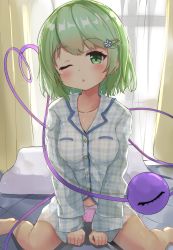 Rule 34 | 1girl, ;o, barefoot, blush, breasts, chaha, collarbone, commentary request, curtains, feet out of frame, green eyes, green hair, hair ornament, hairclip, heart, heart of string, highres, indoors, komeiji koishi, long sleeves, looking at viewer, no headwear, no pants, one eye closed, pajamas, panties, parted lips, pillow, pink panties, plaid, plaid pajamas, plaid shirt, polka dot, polka dot panties, shirt, short hair, sitting, small breasts, solo, thighs, third eye, touhou, underwear, wariza