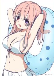 Rule 34 | 1girl, armpits, arms up, bikini, breasts, cleavage, female focus, heterochromia, innertube, large breasts, long hair, navel, nei (os), one side up, original, os (os fresa), pink hair, purple eyes, red eyes, simple background, solo, standing, swim ring, swimsuit, twitter username, white background