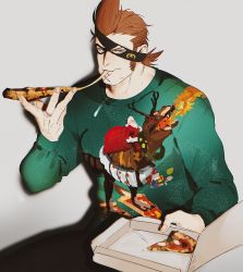 Rule 34 | 1boy, alternate costume, black pants, brown hair, eating, eyepatch, feet out of frame, food, green sweater, hair slicked back, highres, holding, holding food, holding pizza, jewelry, long sideburns, looking at viewer, male focus, mask, one piece, pants, pectorals, pizza, reindeer print, ring, short hair, sideburns, sitting, solo, spiked hair, sweater, toned, toned male, x drake, yonekura naoyasu