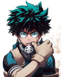 Rule 34 | 1boy, blood, blood on face, boku no hero academia, curly hair, dirty, dirty face, elbow gloves, eyebrows, freckles, furrowed brow, gloves, green eyes, green hair, horikoshi kouhei, looking at viewer, mask, midoriya izuku, mouth mask, official art, pale skin, serious, short hair, simple background, white background, wiping face
