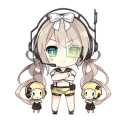 Rule 34 | 3girls, bare legs, black footwear, blonde hair, blush, blush stickers, bow, brown dress, brown sailor collar, c:, chibi, closed mouth, command fairy (girls&#039; frontline), cross hair ornament, crossed arms, dress, earpiece, fairy (girls&#039; frontline), full body, girls&#039; frontline, green eyes, hair bow, hair ornament, hairclip, headphones, headset, light brown hair, long hair, looking at viewer, midriff, multiple girls, navel, official art, sailor collar, saru, scouter, shirt, short hair, short sleeves, shorts, simple background, smile, standing, straight-on, suspender shorts, suspenders, third-party source, transparent background, twintails, v-shaped eyebrows, v-shaped eyes, very long hair, white bow, white shirt, yellow shorts, yellow wristband, | |