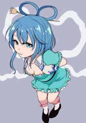 Rule 34 | 1girl, :3, arms behind back, black footwear, blue dress, blue eyes, blue hair, bobby socks, breasts, cleavage, closed mouth, collarbone, commentary request, dress, from above, full body, grey background, hagoromo, hair ornament, hair rings, hair stick, kaku seiga, leaning forward, leg strap, looking at viewer, marsen, medium breasts, medium hair, open clothes, open vest, puffy short sleeves, puffy sleeves, shawl, shoes, short sleeves, simple background, socks, solo, standing, touhou, vest, white socks