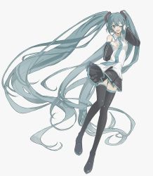 Rule 34 | 1girl, ;d, absurdly long hair, absurdres, aqua eyes, aqua hair, azuki nako, bad id, bad pixiv id, bare shoulders, boots, detached sleeves, hand in own hair, hands up, hatsune miku, highres, long hair, miniskirt, necktie, one eye closed, open mouth, skirt, smile, solo, thigh boots, thighhighs, twintails, very long hair, vocaloid, white background