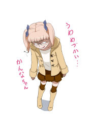 Rule 34 | 10s, 1girl, blonde hair, boots, coat, empty eyes, full body, glasses, hair ribbon, highres, na-chin, naa-chin, no pupils, open mouth, ribbon, shaded face, simple background, skirt, smile, solo, thighhighs, twintails, utsugi kanna, white background, witch craft works