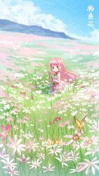 Rule 34 | 1boy, 1girl, artist request, blush, brown eyes, bug, butterfly, cat, chinese commentary, chinese text, clear sky, cloud, commentary request, day, dress, field, flower, flower field, grass, highres, holding, holding flower, insect, long hair, looking at viewer, momo (miracle nikki), mountainous horizon, nikki (miracle nikki), official art, pink dress, pink hair, shining nikki, sky, smile, translation request, yellow cloak