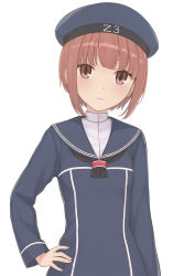 Rule 34 | 10s, 1girl, brown eyes, brown hair, dress, hand on own hip, hat, kantai collection, nananichi, sailor dress, short hair, solo, z3 max schultz (kancolle)